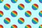 Round colored Pop it toy seamless pattern. New popular silicone anistress toys on blue background. Minimalistic top view