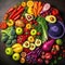 Round composition of assortment of fresh fruits and vegetables in rainbow colors. AI generative illustration