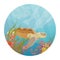 Round composition. Green sea turtle swimming under water. Tropical underwater landscape. Coral reef with coral.
