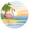 Round composition. Pink flamingo in the warm blue water. Tropical islands with palm trees