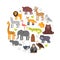 Round composition of zoo animals icons.