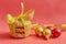 Round cookies with cereals and seeds tied with a gold ribbon, Christmas toys