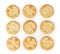 Round cookies spread out on a white background. The view top.