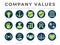 Round Core Values Business Company Icon Set. Innovation, Stability, Security, Reliability, Legal, Sensitivity, Trust, High