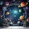 Round cosmic universe with colorfull planets and props, smash cake backdrop