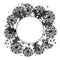 Round dandelion frame. Black white wreath with place for text. Flower border with leaves, dandelions and flying stamens of