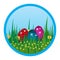 Round decoration for Easter. Paschal template Card with eggs, grass and flowers. Vector