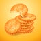 Round delicious cookies or crackers isolated on yellow background. The bitten shape of biscuit. Crispy baking. Vector 3d