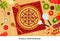 Round delicious pizza pepperoni vector illustration in flat design. Popular fast food. Top view.