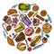 Round design with colored cinnamon, macaron, lollipop, bar, candies, oranges, buns and bread, croissants and bread