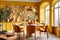 Round dining table and chairs in vibrant yellow room. Bohemian interior design of modern dining room. Created with generative AI