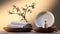 a round dish adorned with a white towel, cotton pads, a wooden brush, and a glass vase with a tree branch, an inviting