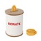 Round donation money box vector illustration. Side view cylinder money box with coin slot and falling golden coins.