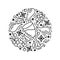 Round doodle template of ice wine. Cartoon glass with bunches of grapes and snowflakes. Hand drawn vector concept. Contour