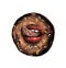 Round doughnut drenched with chocolate with candy sprinkles in the center of women`s lips