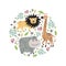 Round emblem with a giraffe lion hippo. Children s illustration.