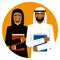 Round emblem. Smiling arab students. Woman and man with books.