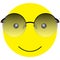 Round emoji emoticon smile in summer glasses. Isolated vector on black background