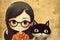 Round-faced girl with black hair and glasses, next to Siamese cat