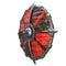 Round fantasy wooden shield with iron inserts on an isolated white background. 3d illustration