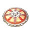 Round fantasy wooden shield with iron inserts on an isolated white background. 3d illustration