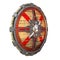 Round fantasy wooden shield with iron inserts on an isolated white background. 3d illustration