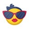 Round female emoji yellow face with pink lips and big sunglasses vector illustration on a