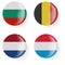 Round flags of Bulgaria, Belgium, Netherlands, Luxembourg. Pin buttons.