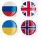 Round flags of Russia, Ukraine, Norway, Britain. Pin buttons.