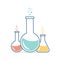 Round and flat-bottomed flasks, test tubes with solutions and reagents. Chemical reaction.