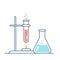 Round and flat-bottomed flasks, test tubes with solutions and reagents. Chemical reaction.