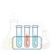 Round and flat-bottomed flasks, test tubes with solutions and reagents. Chemical reaction.