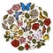 Round floral design with colored menelaus blue morpho, lemon butterfly, red lacewing, african giant swallowtail, alcides