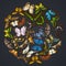 Round floral design on dark background with papilio ulysses, morpho menelaus, graphium androcles, morpho rhetenor cacica