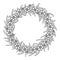 Round flower wreath.Drawing in the style of Doodle.Black and white image .Flower coloring.Round frame of flowers.Suitable for