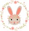 Round flower wreath with spring bunny face