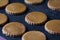 Round formed raw gingerbread dough on the teflon baking sheet before to make cookies before baking