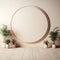 Round frame beige mockup in modern minimalist interior background. 3d render illustration, generative ai