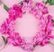 Round frame bouquet of pink peony flowers close-up on pink background with copy space, top view