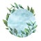 Round frame with green and blue eucalyptus leaves with splash