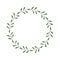 Round frame of green twigs with leaves. Design template for logo, invitation, greetings. Laconic stylish wreath. Minimalist border