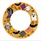 Round frame for halloween in cartoon style. round bright-colored doodle template of ghosts, mummies, skulls, cobwebs and bats with