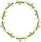 Round frame made of green peas and purple flowers