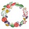 Round frame made of whole, sliced and cherry tomatoes, olives and basil leaves. Vegetable wreath with fresh seasonal food illustra