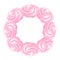 Round frame of pink airy french meringues twirls, marshmallow, zephyr. Vector in graphic vintage retro style. sweetness