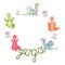 Round frame with of stylish cartoon Dragons in various poses of yoga. Animal meditation. The words yoga. Colored Dragons