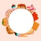 Round frame with sweets, cake, pancakes, ice cream, belgian waffles, cupcake, strawberries, raspberries, peaches for