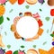 Round frame with sweets, pastries, berries and fruits for your design on a light blue background. Vector illustration