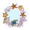 Round frame-wreath of sea objects starfishes, seashells, corals colored version