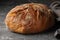 Round, freshly baked bread, made from rye flour, on a gray background